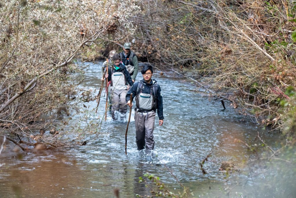 WSP Corpsmembers walk down a creek looking for spawning fish.