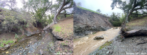 Two images side by side, showing the difference in erosion in a creekbed before and after a major storm event.
