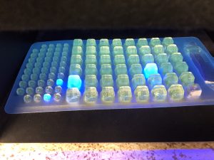 A sample tray under UV light. Four of the wells are fluorescing blue, while the rest are yellow.