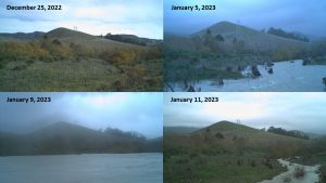 Four images showing a floodplain during four different days. The water level is different in each image.